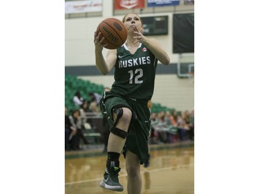 University of Saskatchewan Huskies guard Kelsey Trulsrud goes in for a lay up against the University of Brandon Bobcats in CIS Women's Basketball action, February 6, 2016.