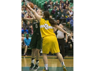 University of Saskatchewan Huskies forward Taya Keujer takes a shot against the University of Alberta Pandas in CIS Women's Basketball action, February 13, 2016.