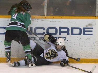 University of Saskatchewan Huskies defence Leah Bohlken knocks the puck away from the University of Manitoba Bisons in CIS Women's Hockey action on Saturday, February 20th, 2016.