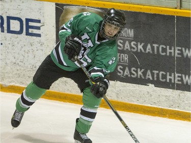 University of Saskatchewan Huskies defence Kira Bannatyne moves the puck against the University of Manitoba Bisons in CIS Women's Hockey action on Saturday, February 20th, 2016.