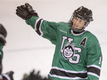 University of Saskatchewan Huskies defence Julia Flinton celebrates a goal against the University of Manitoba Bisons in CIS Women's Hockey action on Saturday, February 20th, 2016.