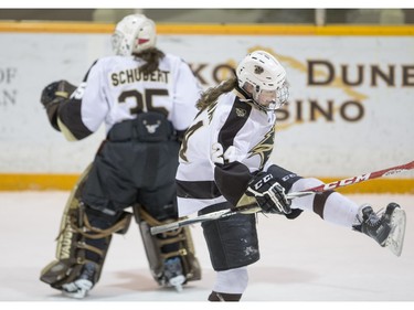 The University of Manitoba Bisons forward AlannabSharman celebrate a goal against the University of Saskatchewan Huskies in CIS Women's Hockey action on Saturday, February 20th, 2016.