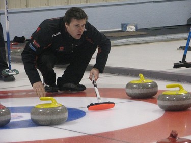 Skip Kody Hartung at the Saskatchewan tankard men's curling championship in Kindersley, February 4, 2016.