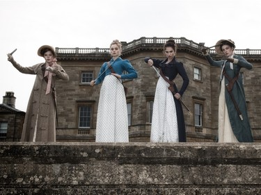 L-R: Ellie Bamber as Lydia, Bella Heathcote as Jane, Lily James as Elizabeth and Millie Brady as Mary in "Pride and Prejudice and Zombies."