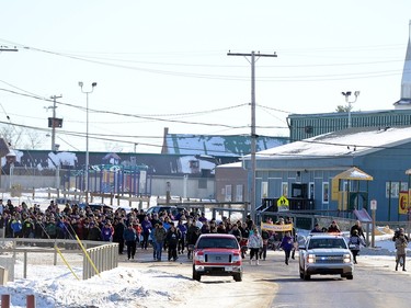 Community members take part in the Reclaiming Our School walk in La Loche  on February 24, 2016.