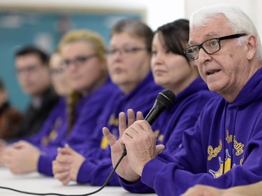 Greg Hatch, a teacher at the La Loche Community School, speaks during a press conference at the Community Centre in La Loche on February 24, 2016.