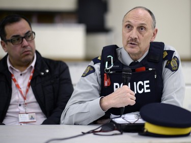 RCMP Staff-Sgt. Greg Heuer speaks during a press conference at the Community Centre in La Loche on February 24, 2016.