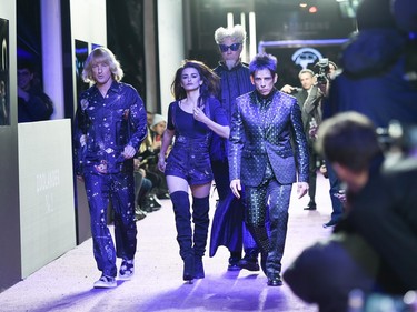 L-R: Actors Owen Wilson, Penelope Cruz, Will Ferrell and Ben Stiller walk the runway in character at the world premiere of "Zoolander 2" at Alice Tully Hall on February 9, 2016 in New York City.