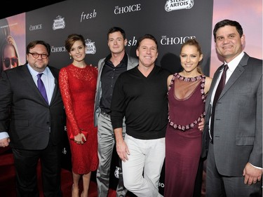 L-R: Director Ross Katz, actors Maggie Grace, Benjamin Walker, Author/Producer Nicholas Sparks actor Teresa Palmer and Jason Constantine attend the premiere of Lionsgate's "The Choice" at ArcLight Cinemas on February 1, 2016 in Hollywood, California.