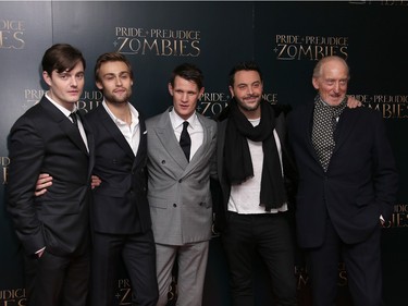 L-R: Actors Sam Riley, Douglas Booth, Matt Smith, Jack Huston and Charles Dance poses for photographers upon arrival at the premiere of "Pride and Prejudice and Zombies" in London, England, February 1, 2016.