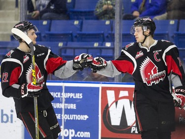 Moose Jaw Warriors Noah Gregor, left, and Brayden Point celebrate a goal against the Saskatoon Blades in WHL action on Sunday, February 28th, 2016.