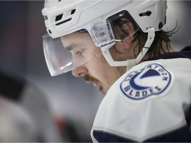 Saskatoon Blades defenceman Nolan Reid on the bench as he and his team take on the Swift Current Broncos in WHL action  on Saturday, February 6th, 2016.