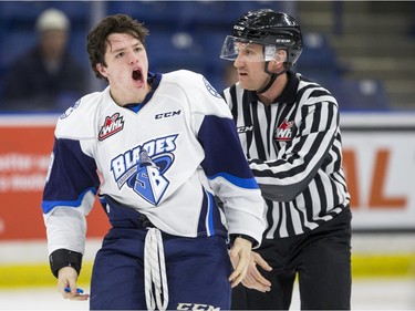 Saskatoon Blades forward Cameron Hausinger yells encouragement to his bench after a fight with Swift Current Broncos forward Arthur Miller, not pictured, in WHL action  on Saturday, February 6th, 2016.