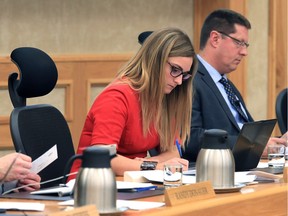 Ward 7 Coun. Mairin Loewen, seen here in 2014 with Ward 8 Coun. Eric Olauson, says she has not yet started fundraising for the Oct. 26 municipal election. All other councillors and the mayor also say they have not yet started to raise funds.