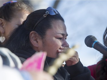 Connie Beauchene, speaks at city hall prior to going on a walk for missing and murdered indigenous women on Sunday, February 14th, 2016.