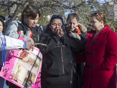 Connie Beauchene speaks at city hall prior to going on a walk for missing and murdered indigenous women on Sunday, February 14th, 2016.