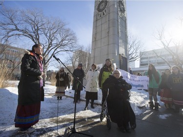 Connie Nicotine speaks at City Hall prior to a walk for missing and murdered indigenous women, February 14, 2016.