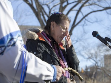 Lori Nicotine speaks at city hall prior to going on a walk for missing and murdered indigenous women on Sunday, February 14th, 2016.