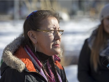 Lori Nicotine speaks at city hall prior to going on a walk for missing and murdered indigenous women on Sunday, February 14th, 2016.