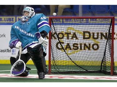 A Saskatoon Rush shot gets past Rochester Knighthawks goalie Matt Vinc in NLL first half action on Friday, February 19th, 2016.