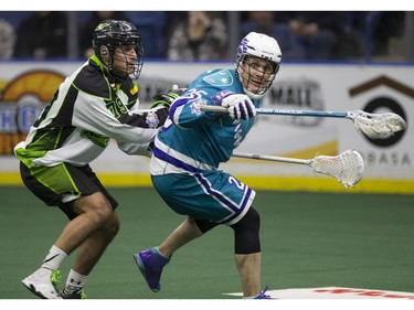 Saskatoon Rush defender Nik Bilic presses Rochester Knighthawks transition Brad Self in NLL first half action on Friday, February 19th, 2016.