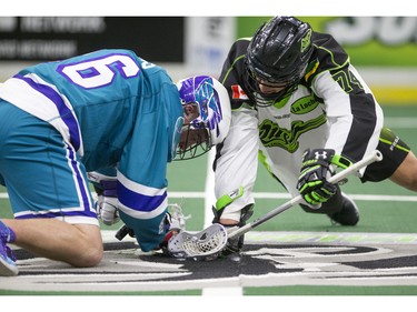 Saskatoon Rush transition Jeremy Thompson takes a face off against Rochester Knighthawks defender Dylan Evans in NLL first half action on Friday, February 19th, 2016.