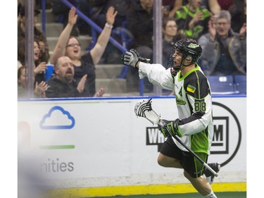 Saskatoon Rush forward Zack Greer celebrates a goal against the Rochester Knighthawks in NLL first half action on Friday, February 19th, 2016.