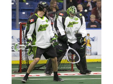 Saskatoon Rush goalie Aaron Bold makes a save against the Rochester Knighthawks in NLL first half action on Friday, February 19th, 2016.