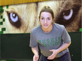 University of Saskatchewan wrestler Katie Dutchak in the wrestling room on campus,  Feb. 23, 2016.