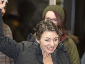 Charmaine Bellamy arrives at city hall celebrating her win in Saskatoon's public school byelection in Ward 9 on Feb. 24, 2016.