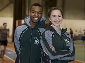 Huskies track and field athletes Garrett Peters and Julie Labach are also Huskies soccer players.