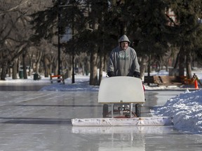 The cold weather helps to put a nice level polishing flood on the Meewasin Rink by Joker Diada ,  February 29, 2016.