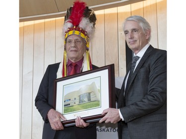 U of S President and Vice Chancellor Peter Stoicheff and architect Douglas Cardinal at the grand opening celebrations for Gordon Oakes Red Bear Student Centre at the University of Saskatchewan, February 3, 2016.