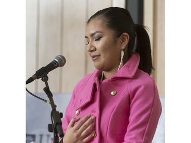 Gordon Oakes' granddaughter Laryn Oakes gives a heartfelt speech of love for her grandfather at the grand opening celebrations for Gordon Oakes Red Bear Student Centre at the University of Saskatchewan, February 3, 2016.