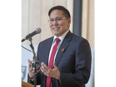 Speakers included U of S Students' Union President Jack Saddleback at the grand opening celebrations for Gordon Oakes Red Bear Student Centre at the University of Saskatchewan, February 3, 2016.