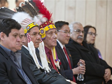 Front row guests and speakers at the grand opening celebrations for Gordon Oakes Red Bear Student Centre at the University of Saskatchewan, February 3, 2016.