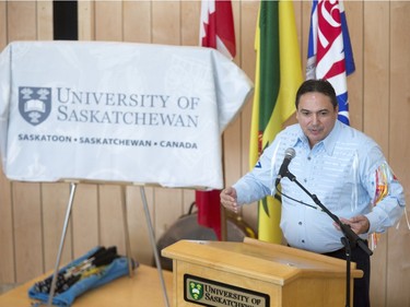 National Assembly of First Nations Chief Perry Bellegarde speaks at the grand opening celebrations for Gordon Oakes Red Bear Student Centre at the University of Saskatchewan, February 3, 2016.