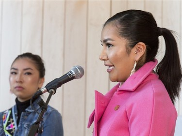 Gordon Oakes' granddaughters Laryn (R) and Mallary Oakes at the grand opening celebrations for Gordon Oakes Red Bear Student Centre at the University of Saskatchewan, February 3, 2016.