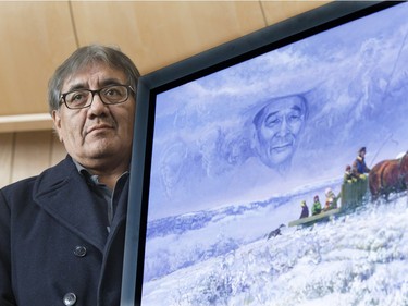 Artist Michael Lonechild painted a beautiful painting of Gordon Oakes and the man he was, which was unveiled at the grand opening celebrations for Gordon Oakes Red Bear Student Centre at the University of Saskatchewan, February 3, 2016.