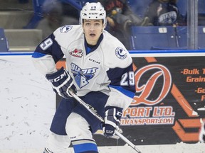 SASKATOON, SASK--JANUARY 03 20160103 Sports Blades-Saskatoon Blades forward Nikita Soshnin moves the puck against the Moose Jaw Warriors in second period WHL action on Sunday, January 3rd, 2016. (Liam Richards/Saskatoon StarPhoenix)