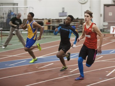 Jose Reyes Villeta (C) for a race during the Knights of Columbus Games at the Saskatoon Field House on the University of Saskatchewan campus, January 30, 2016.