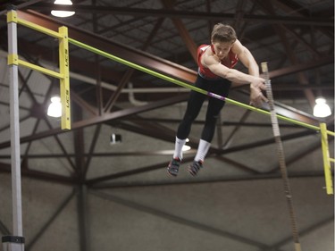 Josh Websdale competes in the pole vault during the Knights of Columbus Games at the Saskatoon Field House on the University of Saskatchewan campus, January 30, 2016.