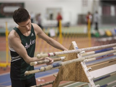 Damon Zwarich competes in the pole vault during the Knights of Columbus Games at the Saskatoon Field House on the University of Saskatchewan campus, January 30, 2016.