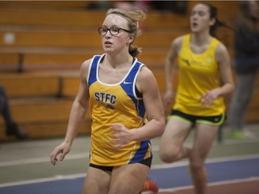 Carlie Meikle runs for a race during the Knights of Columbus Games at the Saskatoon Field House on the University of Saskatchewan campus, January 30, 2016.