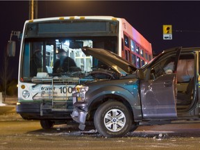A 1/2 ton truck's air bags popped after colliding with a city transit bus causing traffic tie ups during the morning rush hour at Kenderdine Road and Attridge Drive on Jan. 6, 2016.