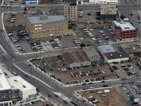 A City of Saskatoon report is proposing that part of the block on the top of this 2014 aerial photo bordered by 25th Street, 24th Street, First Avenue and Ontario Avenue be converted to add parking to the north downtown.