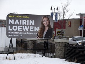 Former Saskatoon mayor Henry Dayday questions whether a communications allowance for council members is fair to potential challengers in an election year like 2016. Ward 7 Coun. Mairin Loewen used her allowance to pay for this billboard in Stonebridge.