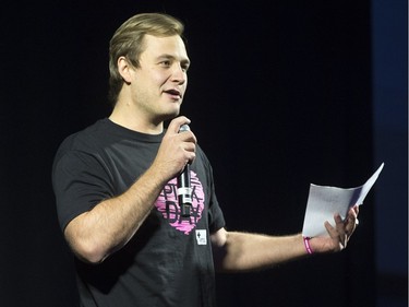 More than 1200 students packed the Education Gym at the U of S for a Pink Day rally, February 22, 2016. The students listened to guest speakers regarding bullying and were also entertained musically. Former Roughrider Scott McHenry speaks at the event.