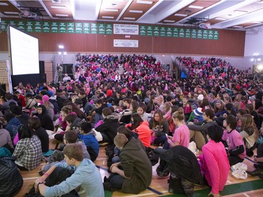 More than 1200 students packed the Education Gym at the U of S for a Pink Day rally, February 22, 2016. The students listened to guest speakers regarding bullying and were also entertained musically.