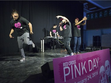 More than 1200 students packed the Education Gym at the U of S for a Pink Day rally, February 22, 2016. The students listened to guest speakers regarding bullying and were also entertained musically.